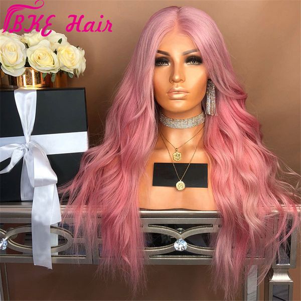 Alta qualidade de cor-de-rosa de renda brasileira frente peruca com o cabelo do bebê sintética ondulado natural peruca transparente para preto / branco Mulheres