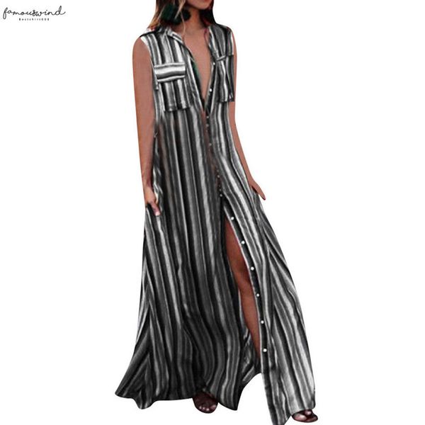 

striple beach dress casual button dress women summer sleeveless loose party long womens dresses vestido elbise robe 38 g6, Black;gray