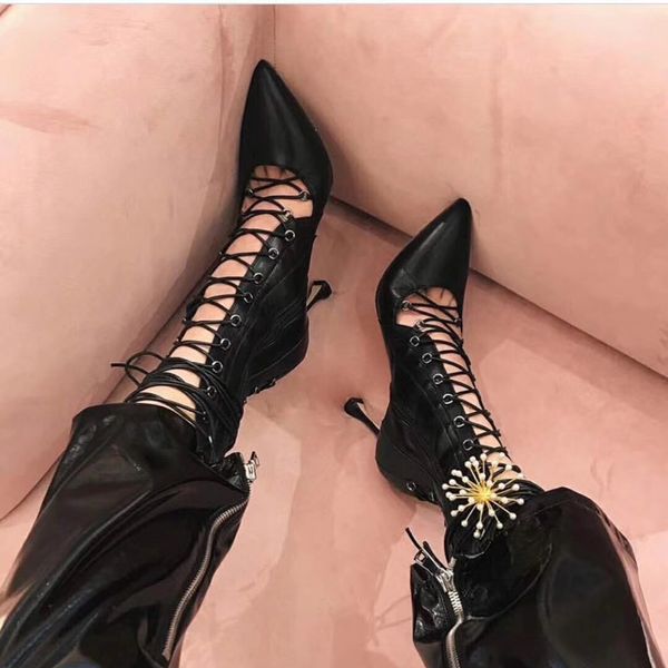 

cross tied design boots women hollow zipper ankle boots pointed high heels autumn black pumps