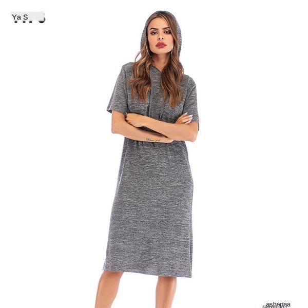 

womens designer loose round neck short sleeve ladies lace-up large size irregular skirt hooded dressiinth, Black;gray