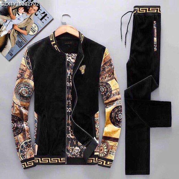 

2019 весна осень мужская повседневная спортивный костюм высокое качество куртка золотой узор золотой бархат из двух частей мужская куртка ра, Black;brown