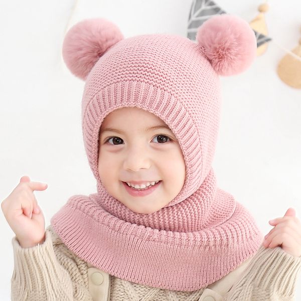 

kids cap crochet double pompom hat scarf one piece girls winter hats warm wind proof baby hat, Yellow