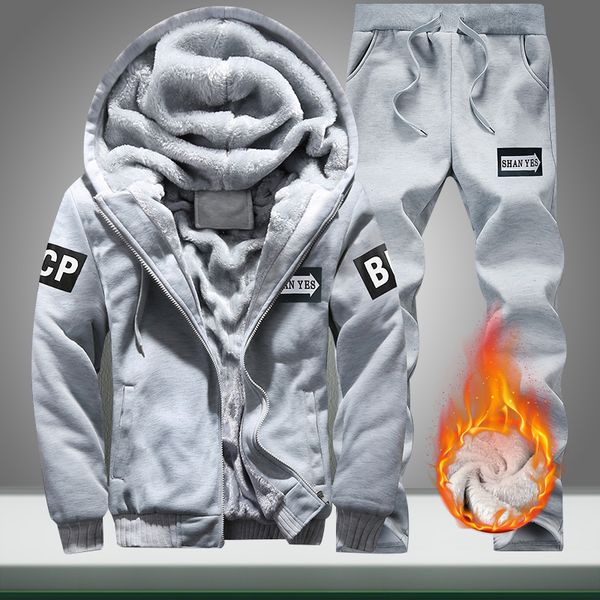 

winter warm men sets hooded fleece casual tracksuit men's sportswear two piece sets hoodies+sweatpants thick outwear jacket suit, Gray