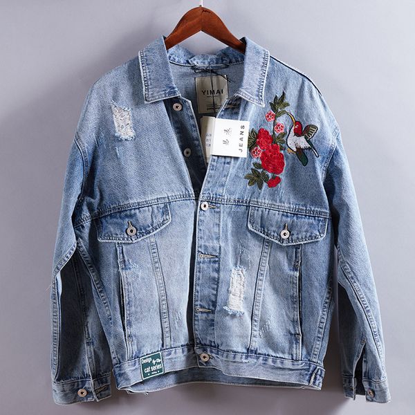

flower embroidery front button destroyed jeans jacket men high street ripped denim jackets men's jacket streetwear clothes, Black;brown