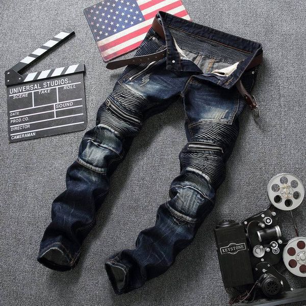 

new mens skinny jeans casual slim luxury jeans denim knee hole hiphop ripped pants washed sell size 28-40, Blue