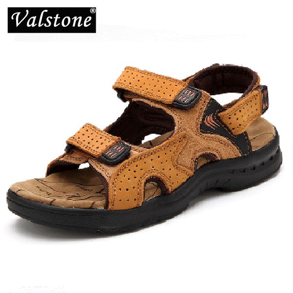 

valstone natural leather men sandals summer slipper ankle-wrap non-slip sneakers stylish outdoor sandalen hombres rubber shoes, Black