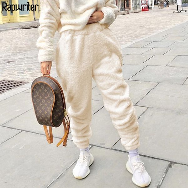 

rapwriter autumn winter keep warm furry cozy joggers trousers women 2019 streetwear solid wool sweatpant fleece pantalon white, Black;white