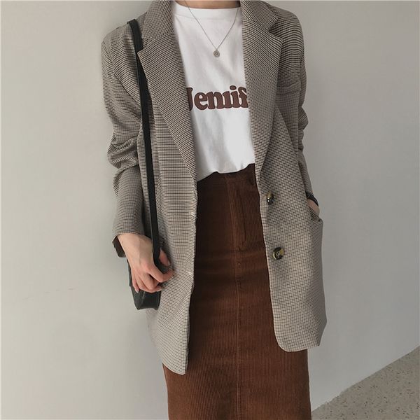 

vintage full sleeve single breasted plaid women blazer casual female jacket suit spring loose workwear outerwear 2019, White;black