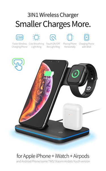 

universal 15w qi wireless charger for iphone x 8 xiaomi quick charge 3.0 fast charger dock stand for apple airpods watch 4 3 2 1 sale