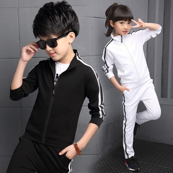 

teenager boys clothing sport suit kids girls clothing set zipper jacket+long pant 2pcs striped children tracksuit set for 4-16y, White