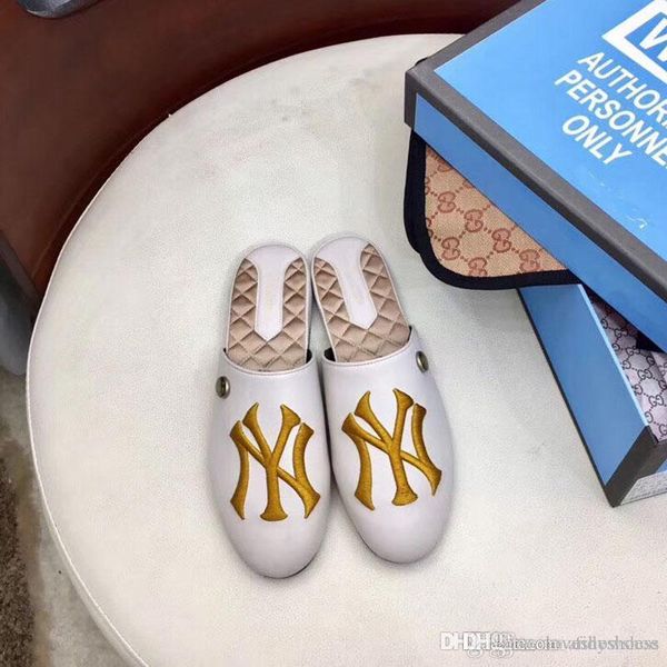 

luxury mens sandals genuine leather half slipper superstar jelly sandals classic embroidery flat beach shoes white with box, Black