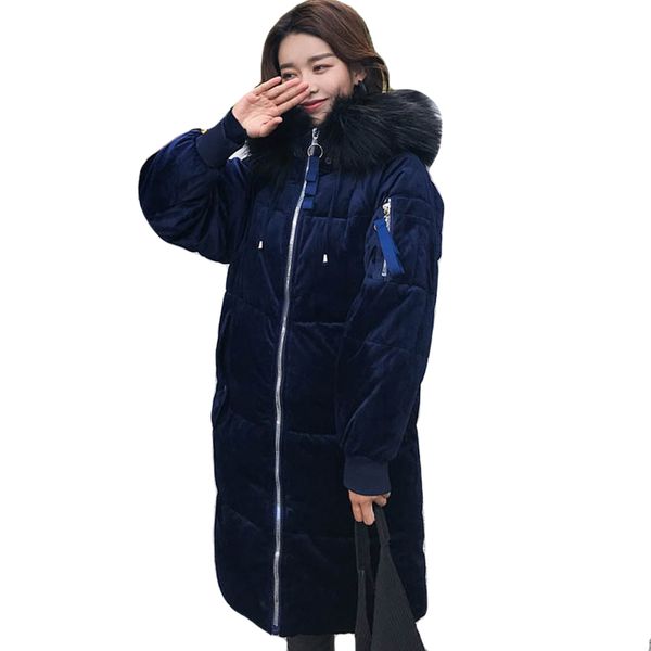 

velvet fabric 2019 women winter jacket hooded with fur collar warm thicken ladies parka long down coat, Black