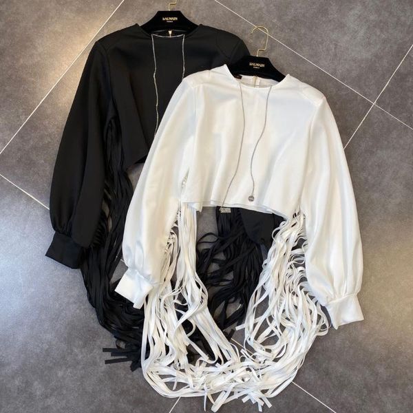 

harajuku style hoodies woman 2020 spring chain crew neck long sleeve tassels short pullover shirt female hoodie white black