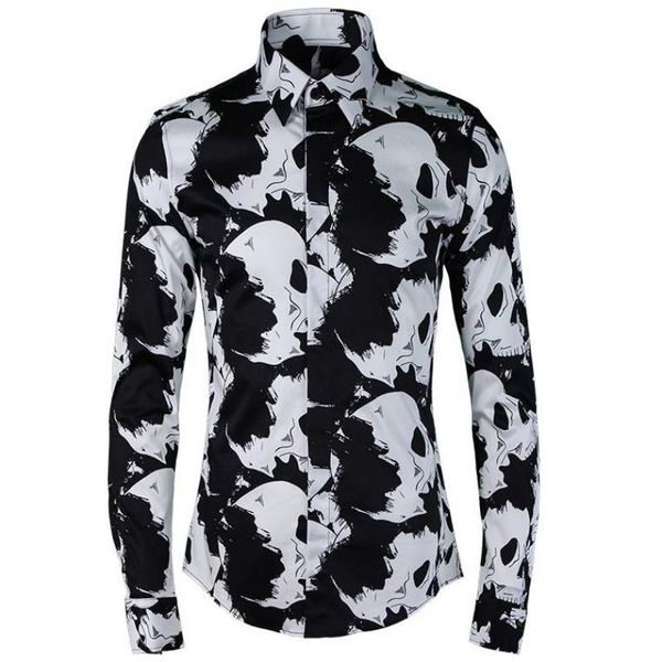 

minlgu mens shirts luxury skull genuine digital printing mens dress shirts plus size 4xl 100%cotton long sleeve man, White;black