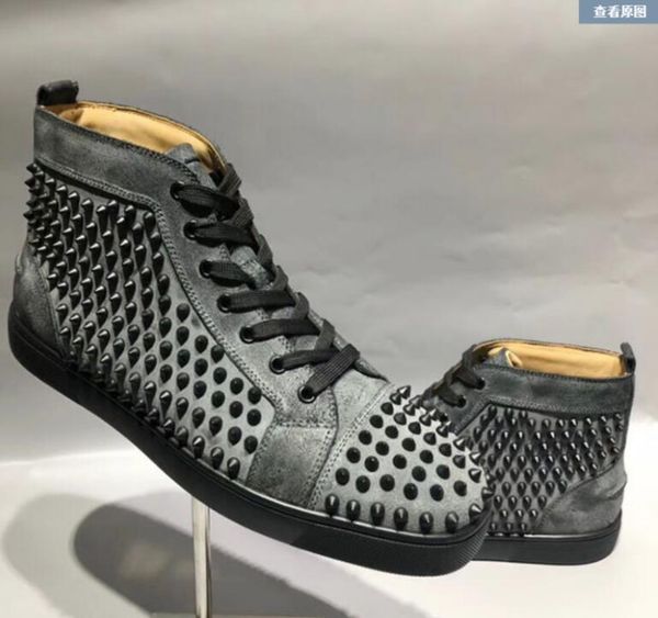 

designs shoes spike junior calf hi cut brand red bottom men sneaker luxury party wedding shoes genuine suede spikes lace-up casual shoes, Black