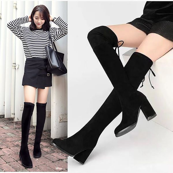 

black over the knee boots high heels 7cm autumn short plush woman shoes elastic fabric suede boots ladies zapatos de mujer