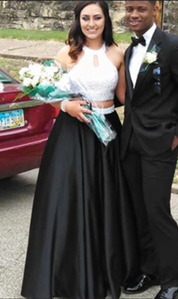 

black and white evening dresses formal gowns halter two pieces crystal backless a line satin long prom dress, Black;red