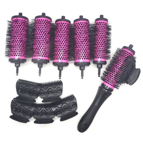 

6pcs/set 3 sizes detachable handle hair roller brush with positioning clips aluminum ceramic barrel curler comb hairdresser 1241, Silver