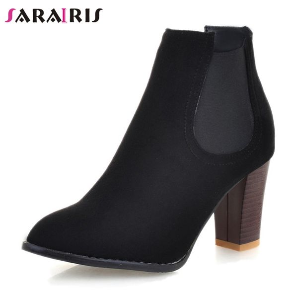 

sarairis brand design solid 8 cm high heels elastic band shoes woman casual autumn winter ankle boots large size 32-46, Black