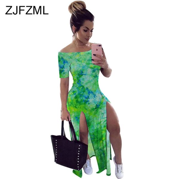 

tie dye print bandage long dress women slash neck short sleeve club party dress summer off shoulder double high split, Black;gray