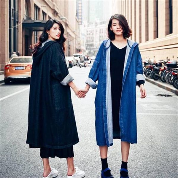 

women's trench coats 2021 fashion long loose denim coat plus size solid color hooded full sleeve women casual, Tan;black