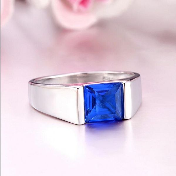 

size 7-12 sparkling fashion jewelry 925 sterling silver blue princess cut 5a cubic zirconia wedding band ring for men gift, Slivery;golden