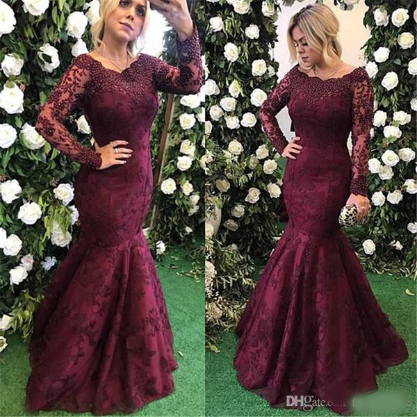 

new burgundy vintage long sleeves mother of bride groom dresses lace appliques beads crystals mermaid mother dresses floor length, Black;red