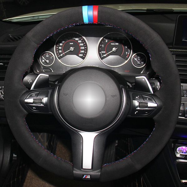 

diy hand sewing black suede blue dark blue red marker steering wheel cover for bmw f33 428i f30 320d 328i 330i m3 m4