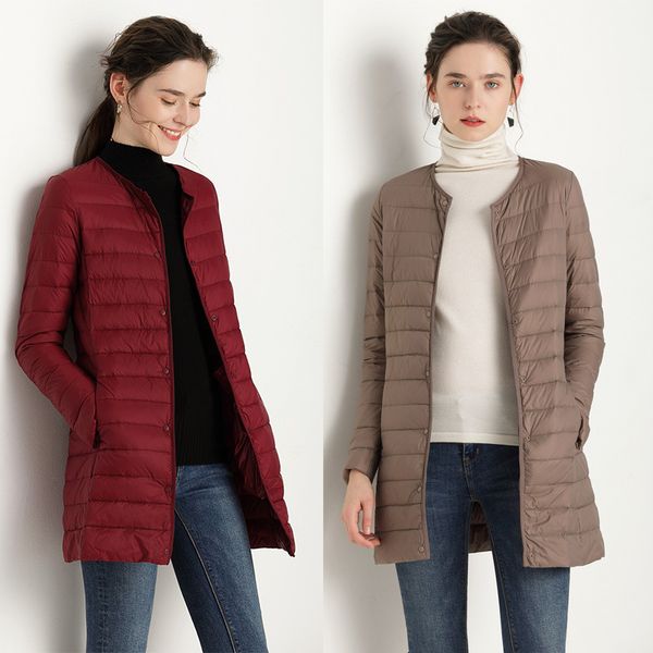 

medium length, light, thin, round neck white down jacket, Black