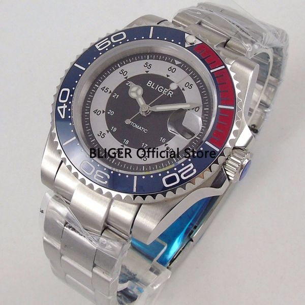 

bliger 40mm men's watch black dial rotating bezel luminous sapphire stainless steel band automatic movement wriatwatch, Slivery;brown