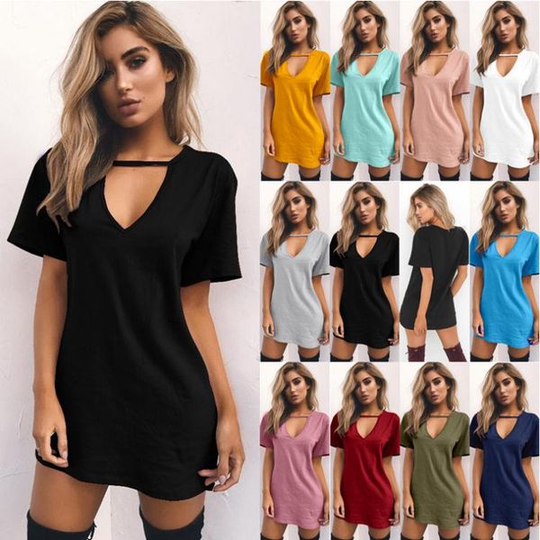 

deep v solid color t-shirt female loose dress, Black;gray