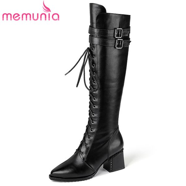 

memunia 2020 new arrival knee high boots women genuine leather shoes fashion lace up buckle square heels riding boots woman, Black