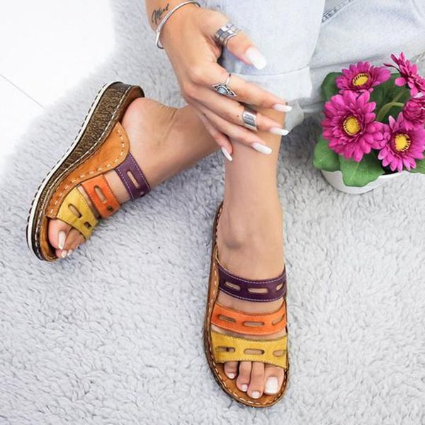

summer women slippers rome retro three-color casual shoes thick bottom wedge open toe sandals beach slip on slides female, Black
