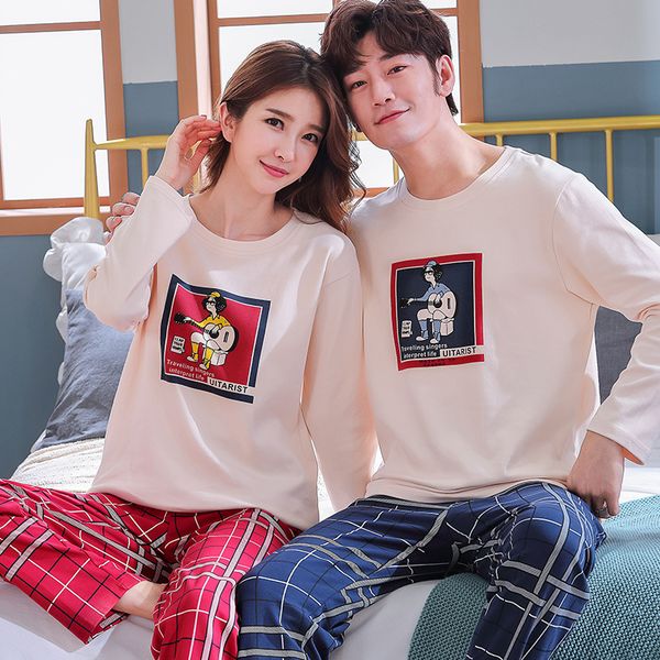 

jimiko autumn cotton long sleeve couple pajamas set cartoon print pajamas home clothing men women round neck casual sleepwear, Black;red