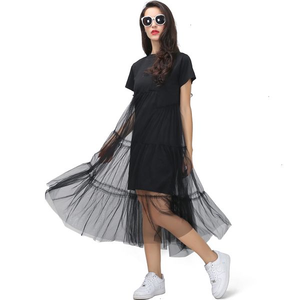 

summer korean splicing pleated tulle t shirt dress women big size black gray color clothes new fashion