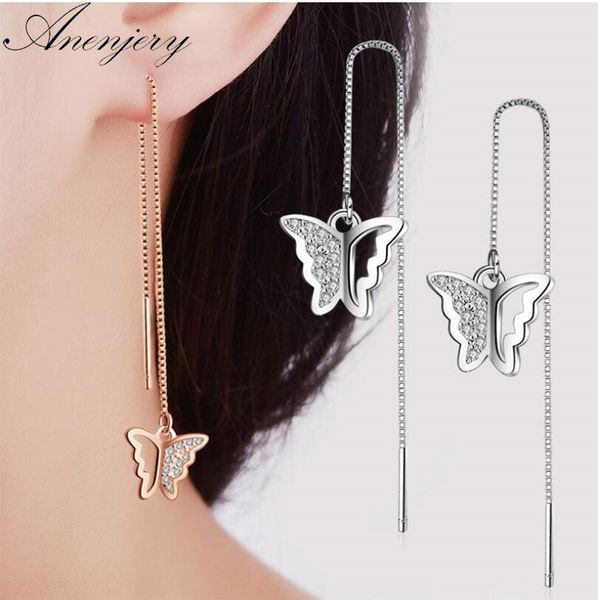 

anenjery 925 sterling silver micro cz zircon butterfly long tassel earrings for women silver 925 jewelry ear chain s-e286