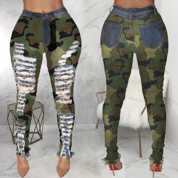 

high waist ripped jeans for women 2019 stylish camouflage printed skinny elastic jeans female camo hole denim pencil pants d30, Blue