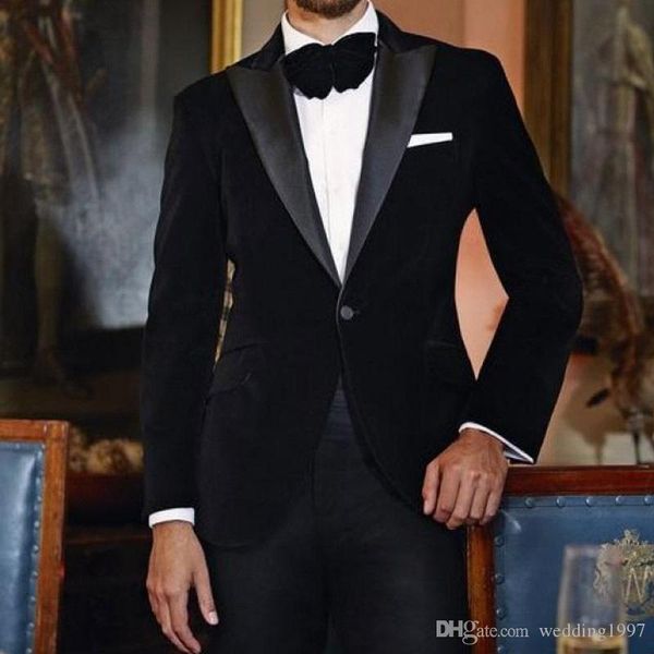 

two piece black velvet evening party men suits peaked lapel custom made wedding groom tuxedos 2019 jacket black pants, Black;gray