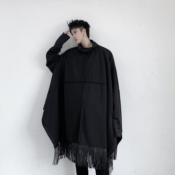 

men's trench coats 2021 spring and autumn mid-length plus size stitching bat sleeve fringed solid color coat fashion casual loose jacke, Tan;black