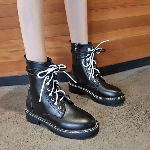 

low heels booties shoes round toe lady boots bootee woman 2019 lace up martins for women ladies riding rubber black rock mid