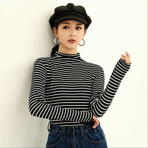 

2019 striped ulzzang half-high collar base long t- shirt sleeve slim t-shirt female, White