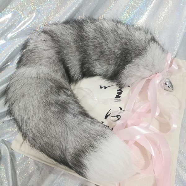 

50cm/20" - real genuine silver blue fox fur tail plug metal stainless butt toy plug insert anal ser
