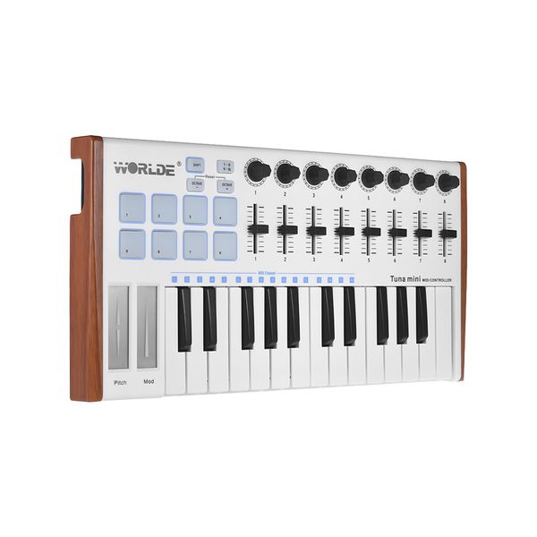 

удивительно! worlde tuna mini ультра-портативный 25-key usb midi контроллер клавиатуры 8 rgb подсветкой пэдов с педалью 6,35 jack