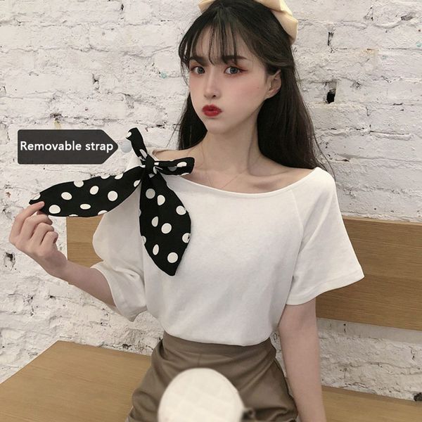 

solid color women polka dot bow t-shirt casual loose patchwork design tshirt female summer short sleeve tee top, White