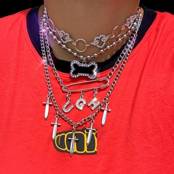 

crystal bone shaped choker necklace ins punk fashion stainless steel pendant necklaces harajuku girls beads collares mujer, Golden;silver