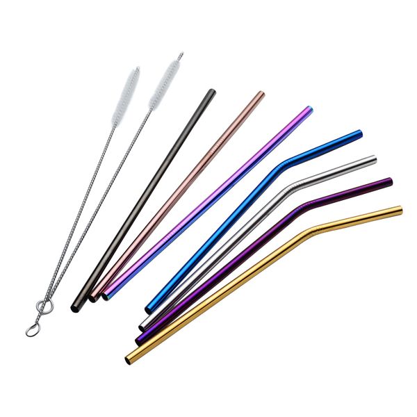 

colorful stainless steel straws straight and bend fda-approved three size and cleaning brush reusable drinking straw bar drinking tool