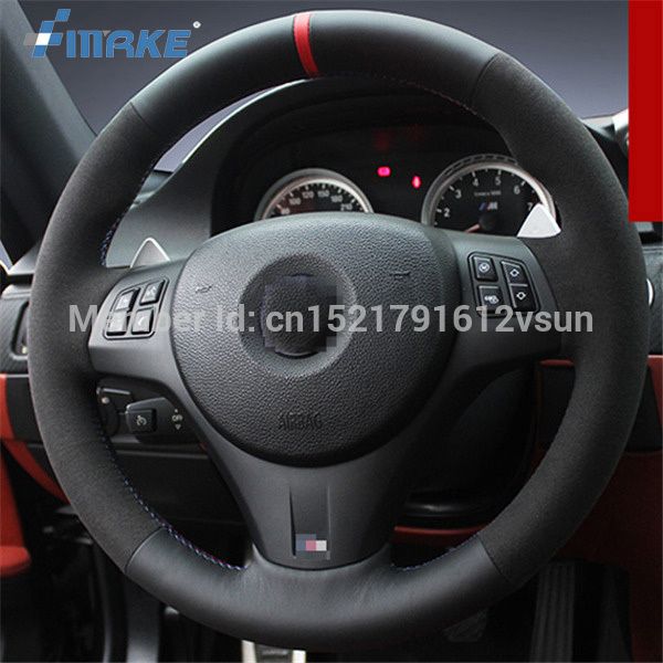 

for bmw m3 hand-stitched anti-slip black leather black suede blue thread diy steering wheel cover