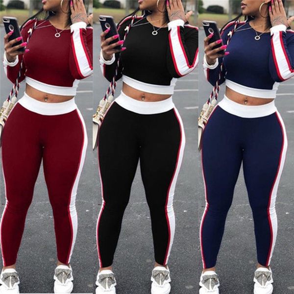 

fashion women leakage navel casual solid long sleeve sport +long pants set, White;black