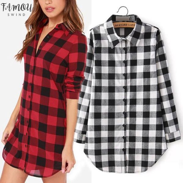 

women plaid oversized blouse ladies polyester single breasted long sleeves turn down collar plaid shirt casual shirt plus size, White