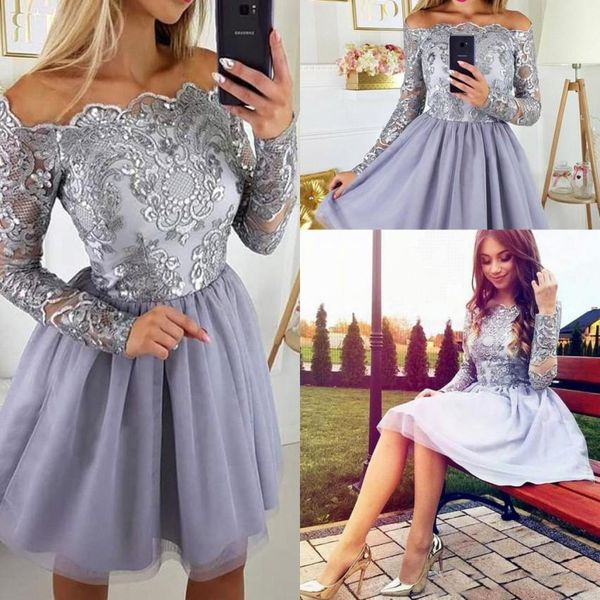 

Vintage Long Sleeves Short Homecoming Dresses Appliques Lace Knee Length Prom Dresses Cocktail Gowns For Girl